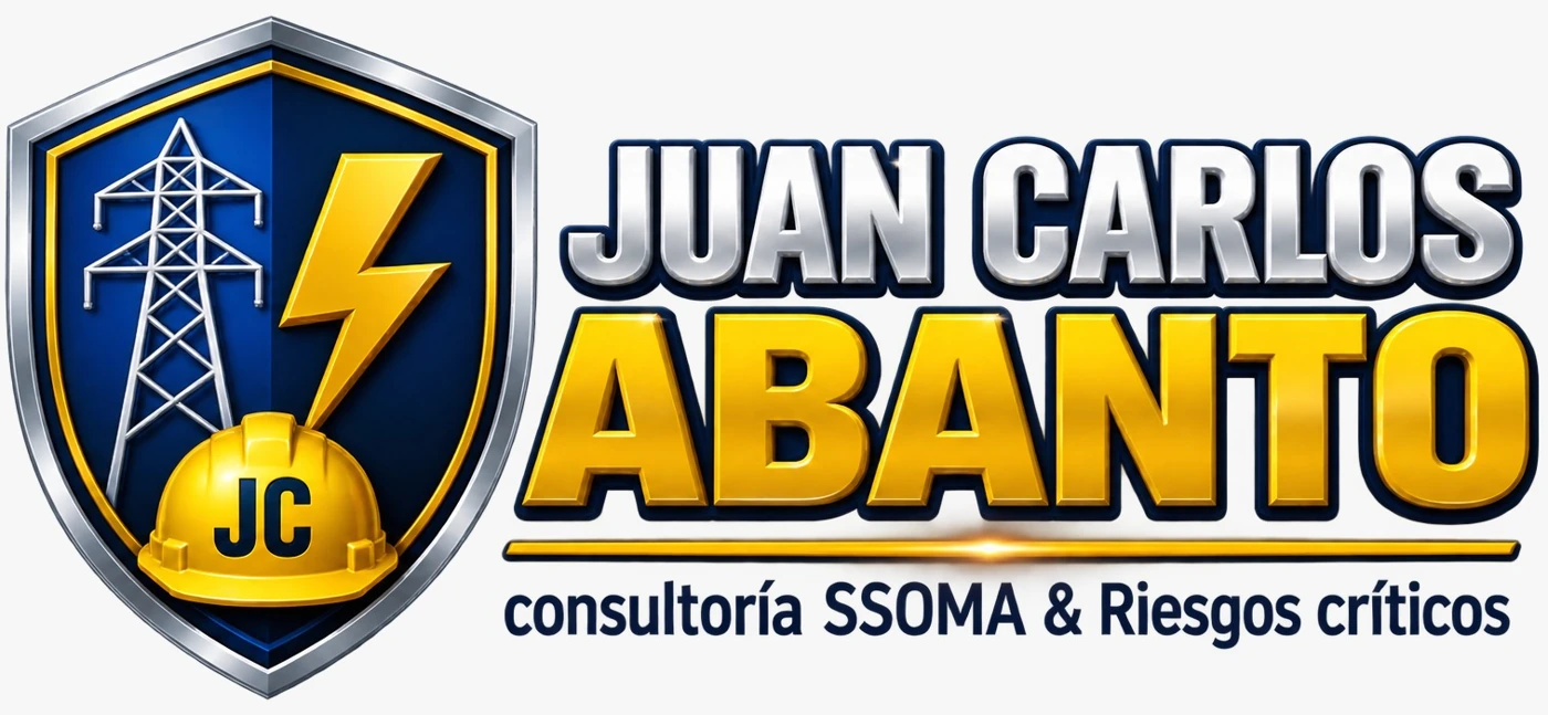 Logotipo Juan Carlos Abanto, Consultoría SSOMA y Riesgos Críticos, emblema de torre eléctrica y rayo